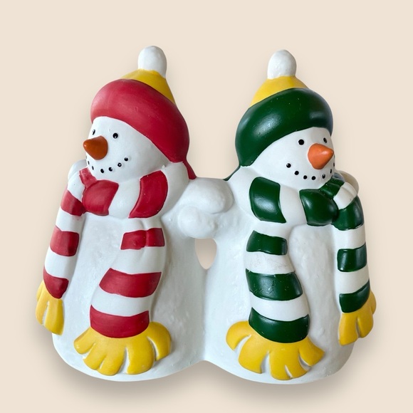 PARTYLITE Retired P0476 Ceramic Snowmen Pillar Candle Holder Original Box - Picture 2 of 11
